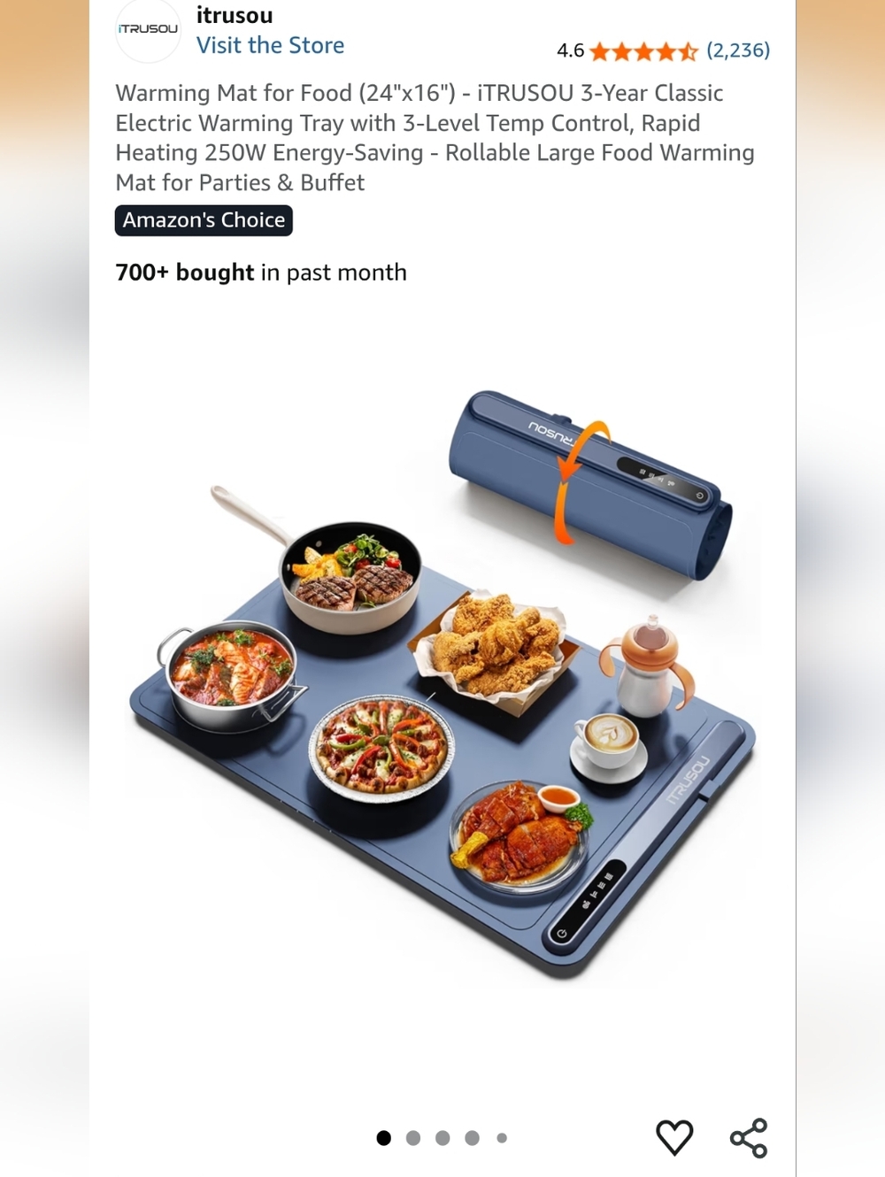 iTRUSOU Blue Electric Warming Mat for Food — Rollable Buffet Tray